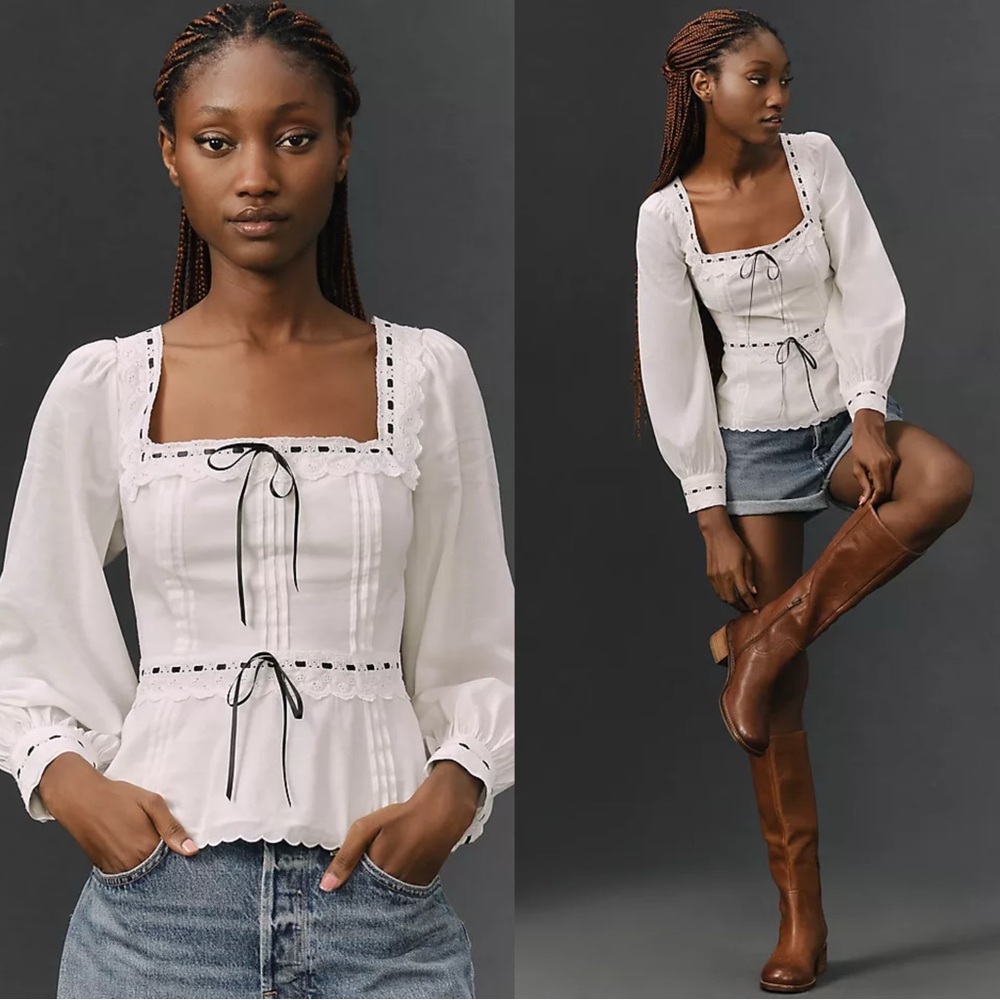 Reformation White Peasant Blouse with Black Trim